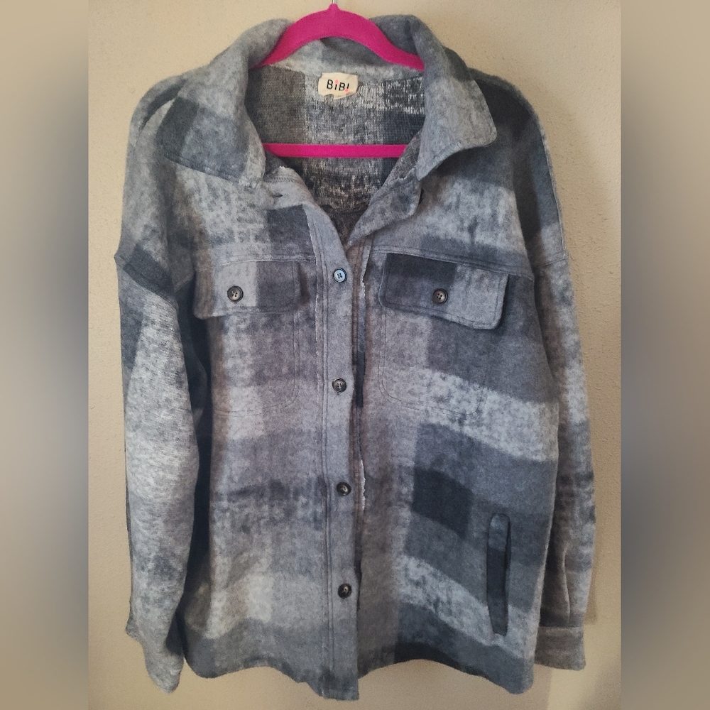 NWOT BiBi brushed fleece, grey plaid, oversized shacket sz XL
